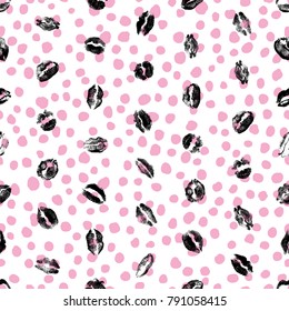 Red pink black lips seamless pattern on pop up grunge brush background. Girls lips prints stain. Vector.