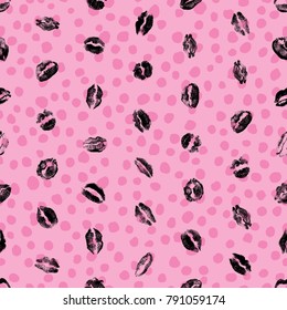 Red pink black lips seamless pattern on pop up grunge brush background. Girls lips prints stain. Vector.