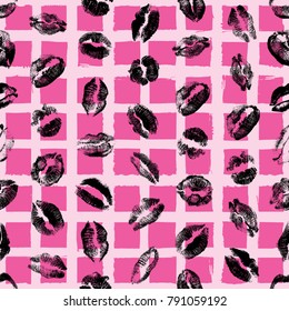 Red pink black lips seamless pattern on pop up grunge brush background. Girls lips prints stain. Vector.