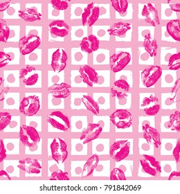 Red pink black lips seamless pattern on pop up grunge brush background. Girls lips prints stain. Vector.