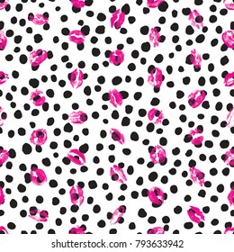 Red pink black lips seamless pattern on pop up grunge brush background. Girls lips prints stain. Vector.