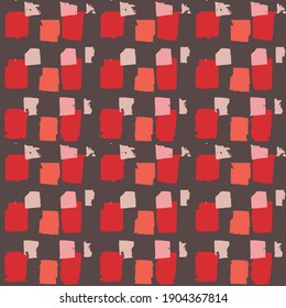 Red and pink blocks in various sizes on brown background, decorative design. Repeatable vector pattern.