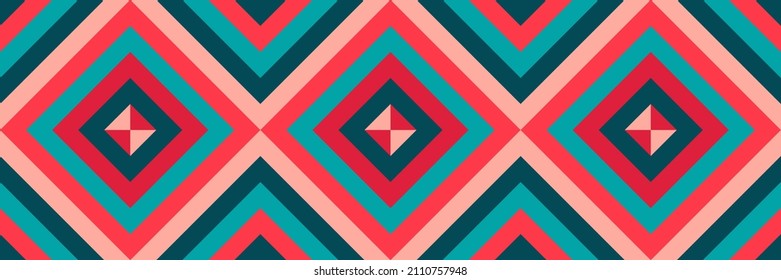 Rot, rosa und blau abstrakte Linie geometrische diagonale Quadrate nahtlose Muster Banner Hintergrund. Vektorgrafik.