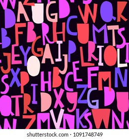 Red pink blue seamless pattern with abc or alphabet. Hand drawn letters dark, black white hand cutted uppercase and lovercase letters Kids design Vector illustration stock vector.