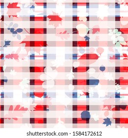 Red, pink, blue seamless texture with plaid effect and autumn leaves. Abstract vector background for web page, banners backdrop, fabric, home decor, wrapping