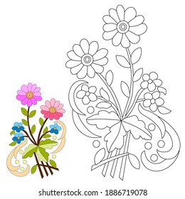 Red, pink, blue, turquoise wildflowers,  green leaves, stylized, hand-drawn, black line on white background, use for coloring with watercolors, gouache, markers or pencils
