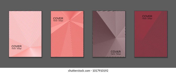 Red, pink and brown halftone covers vector template set with lines graphics. Vector tech journal design geometric shape background set, trendy halftone lines hipster pattern abstract covers collection