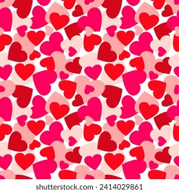 Red, pink and burgundy hearts randomly on a white background. Seamless pattern, print, vector illustration