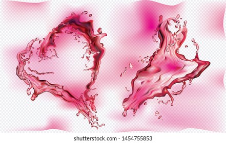 Red pink burst splashes of juices on transparent background. Vector mesh illustration