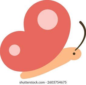 Red and pink butterfly with circular spots on large wings and orange body, black antenna, stylized vector illustration. Butterfly, colorful, insect.