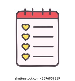 Red and pink calendar with yellow heart checklists, used for dates and planning