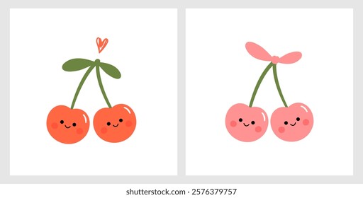 Red and pink cherry cartoons with cute face isolated on white background vector.