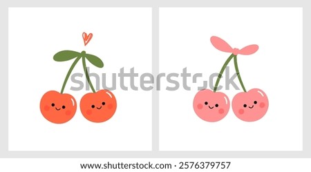 Red and pink cherry cartoons with cute face isolated on white background vector.