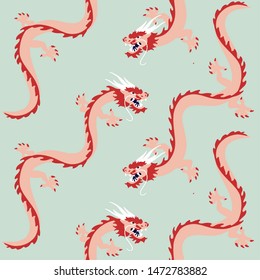 Red and pink chinese dragon drawn by hand in trendy flat cartoon style on green background. Seamless pattern