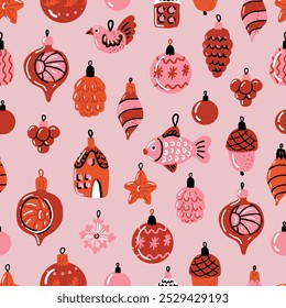 Red and pink Christmas baubles on white background. Vintage Christmas glass. Retro ornament seamless pattern. 