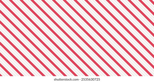 Red and pink Christmas seamless pattern. Candy cane diagonal stripes background. Repeating decoration wallpaper. Winter holidays lines backdrop. Xmas peppermint present wrapping print design. Vector