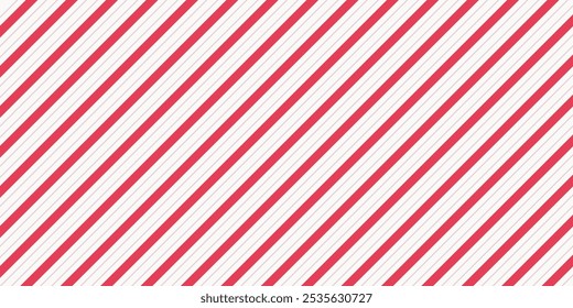 Red and pink Christmas seamless pattern. Candy cane diagonal stripes background. Repeating decoration wallpaper. Winter holidays lines backdrop. Xmas peppermint present wrapping print design. Vector