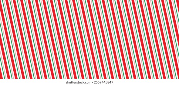 Red and pink Christmas seamless pattern. Candy cane diagonal stripes background. Repeating decoration wallpaper. Winter holidays lines backdrop. Xmas peppermint present wrapping print design. Vector