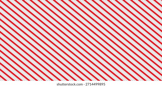 Red and pink Christmas seamless pattern. Candy cane diagonal stripes background. Repeating decoration wallpaper. Winter holidays lines backdrop. Xmas peppermint present wrapping print design. Vector
