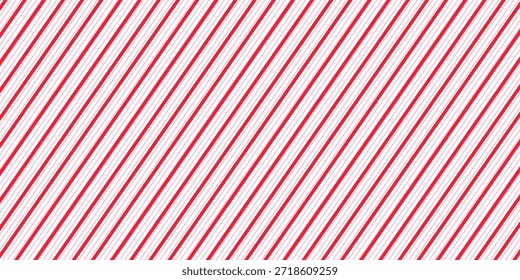 Red and pink Christmas seamless pattern. Candy cane diagonal stripes background. Repeating decoration wallpaper. Winter holidays lines backdrop. Xmas peppermint present wrapping print design. Vector