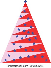 Red and pink Christmas tree with blue stars on white background