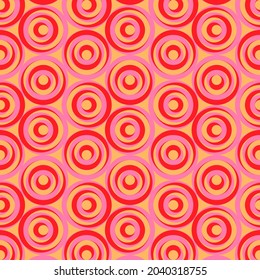 Red and pink circles on orange color background. Brick tile geometric vector pattern. 70-s fashion style artwork can be used for fabrics, wallpapers, diaries, wrapping, flyers, posters and decoration.
