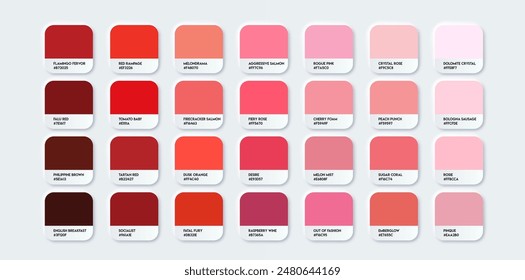 Rote und rosa Farbpalette in rgb hex. Katalog für farbige Vektorgrafik-Vorlagen. Mehrfarbige Palette für Ihr Design