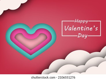 Red and pink color, paper cut style background with heart and cloud for cards, brochures, banners. On Valentine's Day.