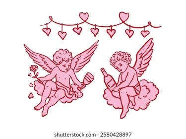 Red and pink color Valentine's day cute cupid design hand drawn element set.