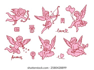 Red and pink color Valentine's day cute cupid design hand drawn element set.