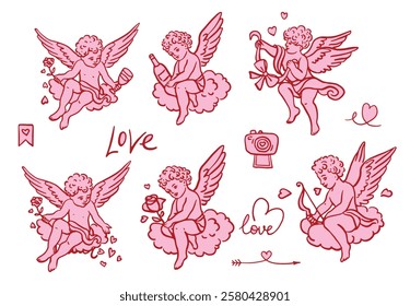 Red and pink color Valentine's day cute cupid design hand drawn element set.