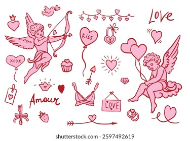 Red and pink color Valentine's day cute cupid design hand drawn element set.	