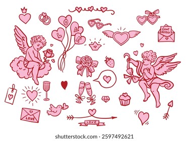 Red and pink color Valentine's day cute cupid design hand drawn element set.	