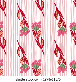 Red and pink colored decorative flowers seamless pattern. Striped background. Blossom botanic shapes. Designed for fabric design, textile print, wrapping, cover. Vector illustration.