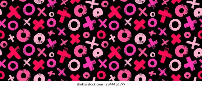 Red and pink colored XO seamless pattern. Vector abstract background with various circles and crosses for Valentines day holiday. Grunge texture with brush drawn geometric elements. svg