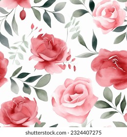 Red and Pink Colorful Roses Floral Watercolor Seamless Pattern Wallpaper Background Fabric Vector
