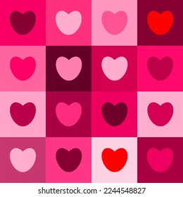 Red and pink colors tones of hearts in square boxes. Abstract seamless checkered box pattern. Valentine, girl, wedding, love, wrapping paper concepts.