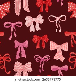 red, pink, coral Bow knots, gift bows seamless pattern. Wedding, valentines, party, gift texture
