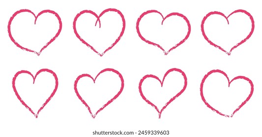 Red and pink crayon hearts painted with lipstick or pencil. Hand drawn chalk symbol of love. Vector Illustration