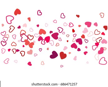Red, pink, crimson and cherry hearts flying pattern. Holiday decoration for valentines day. Tenderness and love mood vector background. Confetti hearts flying scatter.