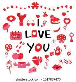 Red and pink cute element design with text I Love You isolated on white background. Concept Happy Valentines Day Illustration