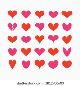 Red and pink cute solid and isolated different beautiful heart shapes icons on white background