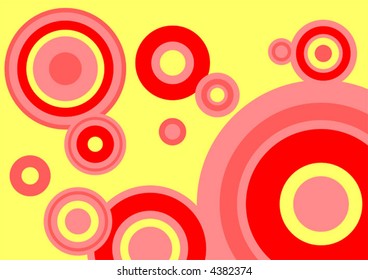 Red, pink and dark pink circles on a yellow background.