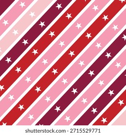 Red and Pink Diagonal Stripes Seamless Pattern with White Stars. Valentine’s Day Geometric Background for Wrapping Paper, Wallpaper, and Greeting Cards