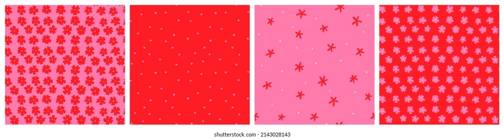 Red And Pink Ditsy Seamless Pattern Set With Cute Tiny Flowers For Toddler Girl Textile. 