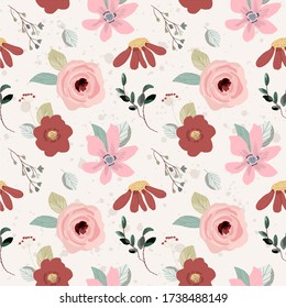 red pink floral garden seamless pattern