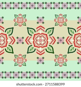 Un patrón floral rojo y rosa alternando con hojas sobre un fondo verde claro y crema