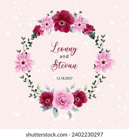 red pink floral watercolor wreath