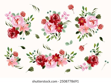 colección de acuarela de arreglo de flores rosas rojas