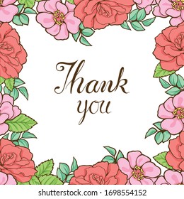 Red and pink flower frame on white background. The word thank you is in the middle. Vector illustration. Perfect for element, frame, card, etc.